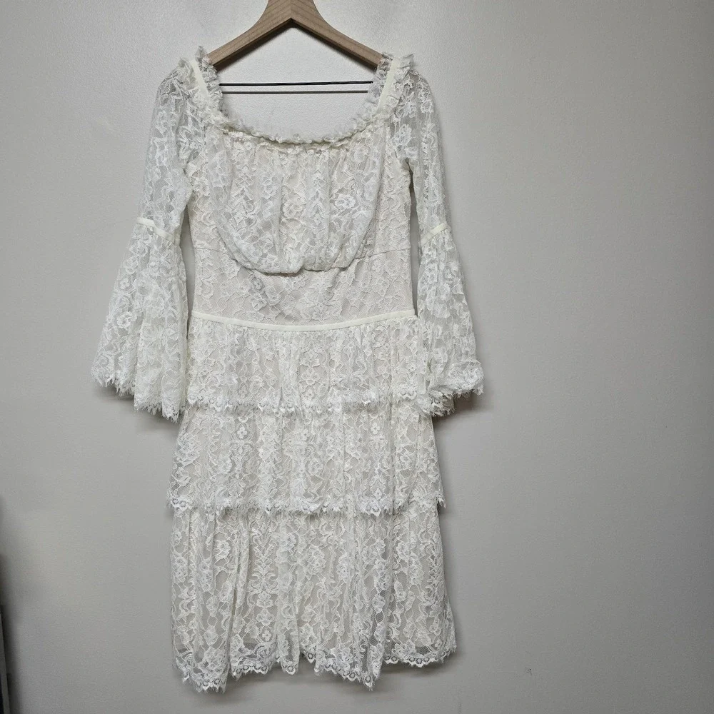 Tadashi Shoji Women Jacquin Off Shoulder Lace Tiered Bell Sleeve Dress Sz 12 NWT